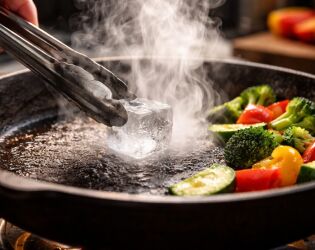 Truque do gelo: Entenda por que grandes Chefs passam um cubo na frigideira antes dos legumes.