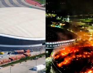 Chamas destroem parte do Vel&oacute;dromo Ol&iacute;mpico na madrugada desta quarta-feira.