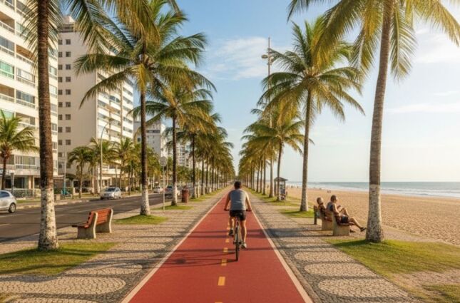 Com 22,5 quil&ocirc;metros, praia do litoral conta com a maior ciclovia &agrave; beira-mar do Brasil