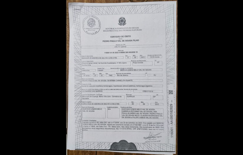 Certidão de óbito do homem que 'firmou' contrato com a Autoridade Portuária de Santos / Foto: Reprodução