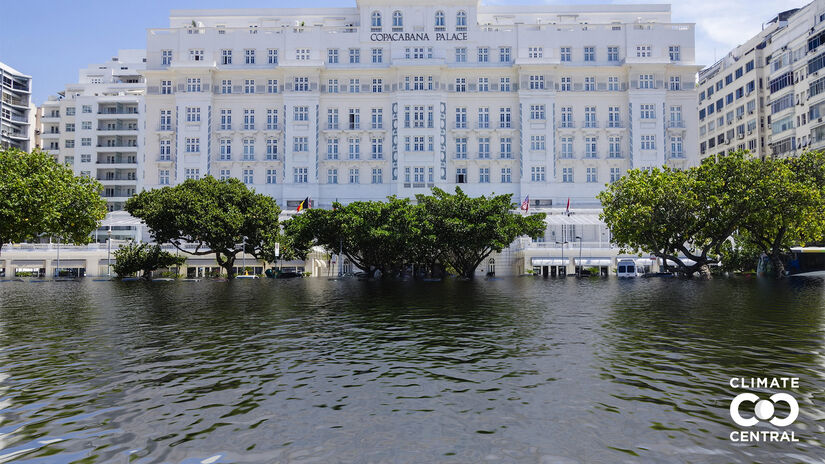 Copacabana Palace e toda a orla de Copacabana (RJ). Créditos: Climate Central