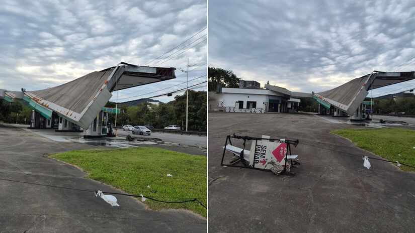 Praia Grande: A ventania que atinge a região também provocou a queda da estrutura de um posto de gasolina / Reprodução/Praia Grande e Região