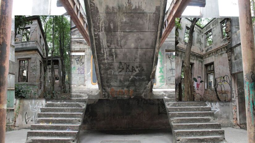 Escadaria que levava ao piso superior da Escola de Meninas; vista interna com árvores crescendo nas ruínas; detalhe para grafite feito por Ju Violeta/ CapozziBruno/Wikimedia Commons