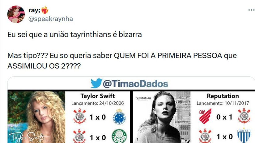 Torcedores relembram no X (antigo Twitter) as coincidências entre lançamentos de álbuns de Taylor Swift e vitórias do Corinthians/ Reprodução