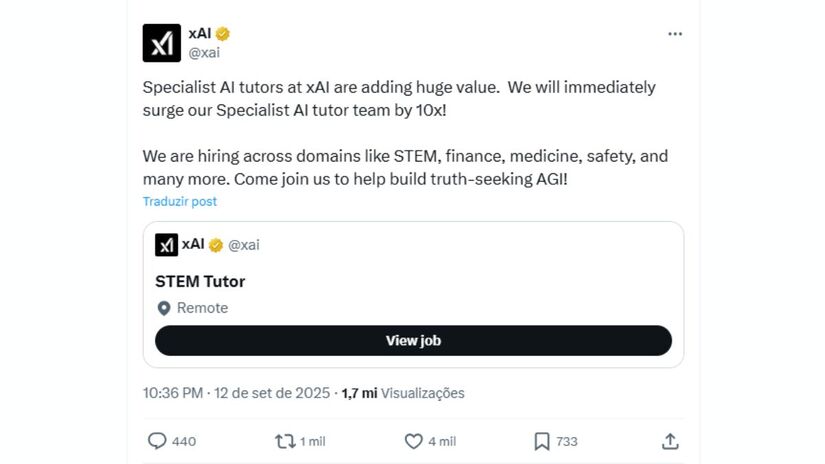 A empresa anunciou nas redes sociais que pretende multiplicar por dez o número de tutores especializados em IA/ Reprodução X (Twitter)