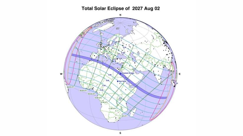 Mapa do trajeto do eclipse de 2027: A faixa de totalidade atravessa Norte da África e Oriente Médio, enquanto no Brasil será visível apenas como eclipse parcial/ Fred Espenak/ Eclipsewise
