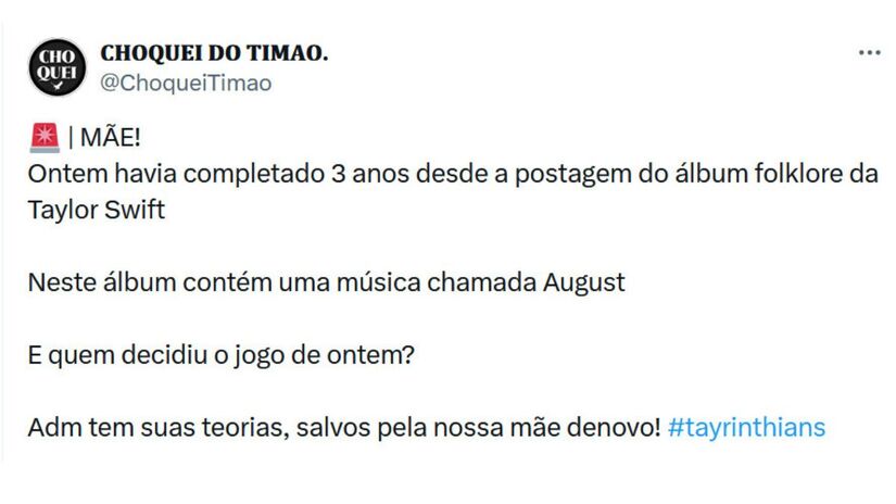 Coincidências musicais e futebolísticas geram memes: música "August", do álbum Folklore, lembrada em jogo decidido no mês de agosto/ Reprodução