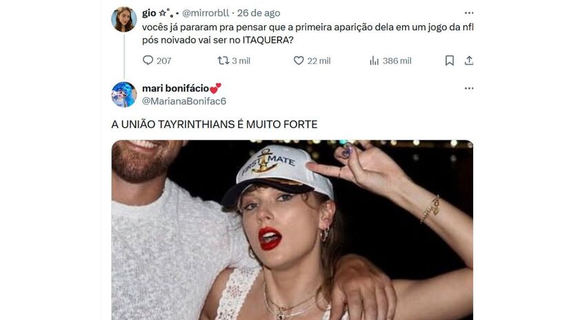 "A União Tayrinthians é muito forte", afirmam torcedores nas redes, alimentando o elo entre Swift e o Timão/ Reprodução