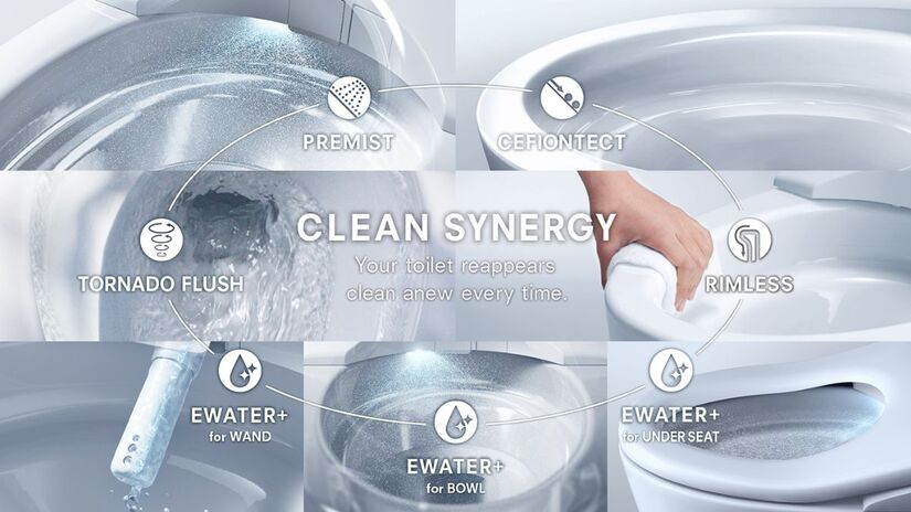 O eWater+, usa água eletrólise para esterilizar a tigela e o bico,  o Tornado Flush, descarga em espiral que limpa sem desperdiçar água,  o Actilight, combina luz ultravioleta e um esmalte especial para impedir o acúmulo de sujeira/ Divulgação