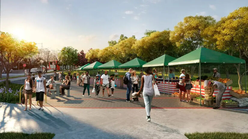 Parque linear em meio aos edifícios / Divulgação/Reserva Raposo