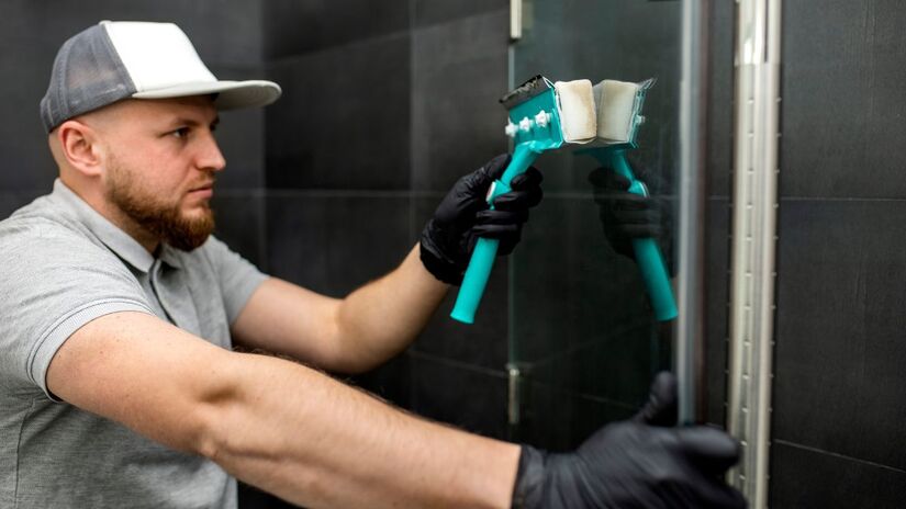 Primeiro passo: aplicar um desengordurante (com borrifador) ou preparar uma solução de 500 ml de água e uma colher de chá de detergente líquido para louça. Em seguida, esfregar com uma esponja e limpar