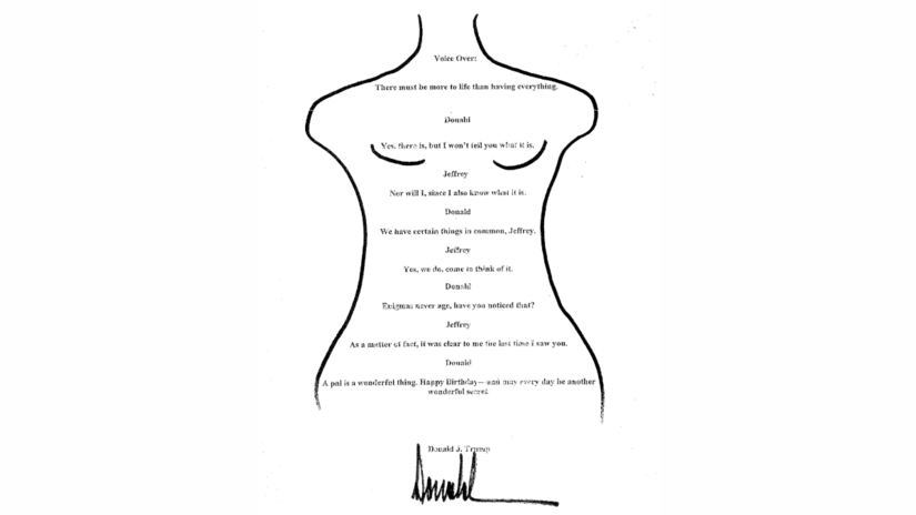 Documento atribuído a Donald Trump, supostamente escrito para Epstein em 2003, integra livro de aniversário de 50 anos do financista. Trump nega a autoria/ Divulgação/Comitê de Supervisão da Câmara dos EUA