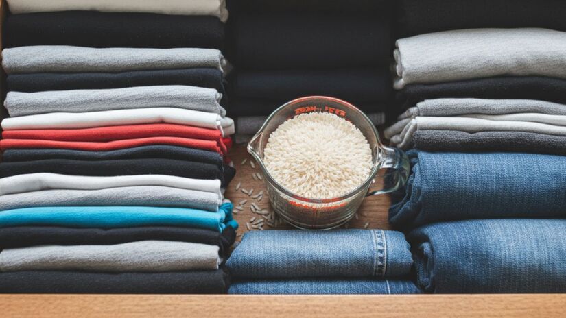 Preserve as roupas dobradas e impeça o aparecimento de mofo nas suas gavetas com um pequeno copo ou saquinho de arroz/ Gerada por IA/Gemini