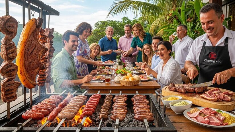 O churrasco é uma tradição brasileira, especialmente aos fins de semana, reunindo famílias e amigos em torno da churrasqueira (imagens ilustrativas) / Fotos: imagens geradas por IA/ImageFX