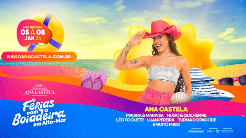 Ana Castela retorna em 2026 com o cruzeiro temático "Férias com a Boiadeira em Alto-Mar", ao lado de grandes nomes da música sertaneja e do pagode/ Reprodução Facebook/Navio Ana Castela