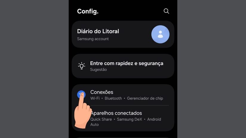 Conexões  Entre na seção Conexões para visualizar as opções de rede/ Diário do Litoral
