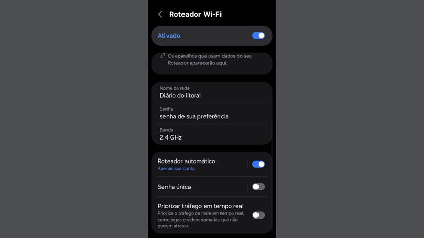 Nome e senha  Abaixo, veja o nome da rede e a senha; altere se desejar para deixar mais personalizado/ Diário do Litoral