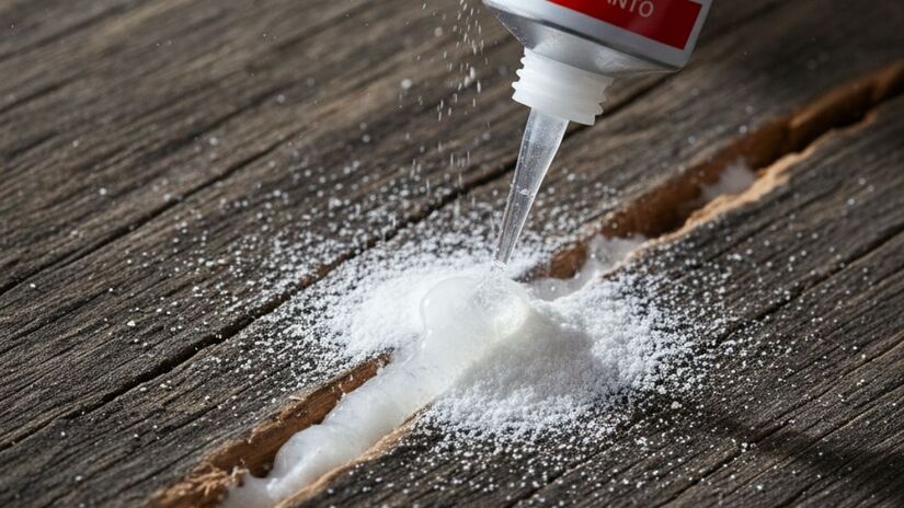 Mistura de cola e bicarbonato de sódio sendo aplicada em rachadura de madeira, criando um adesivo resistente e de secagem rápida/ Gerada por IA/Gemini
