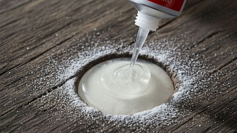 Reação química entre cola e bicarbonato forma um preenchimento duro, ideal para consertos e reparos domésticos/ Gerada por IA/Gemini