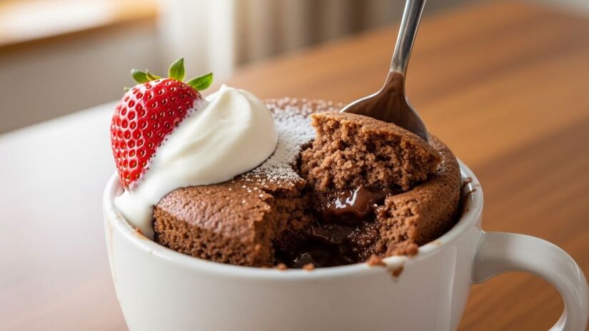 A solução apresentada é o bolo de caneca de chocolate, pronto em apenas três minutos no micro-ondas
