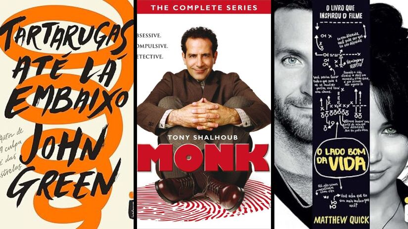 Alguns livros, séries e filmes já trataram sobre o assunto na ficção, como: O livro 'Tartarugas Até Lá Embaixo' de John Green, a série 'Monk: Um Detetive Diferente' da USA Network e o filme 'O Lado Bom da Vida' do diretor David O. Russell/ Reprodução/Amazon/Amazon Estados Unidos/Livraria Tertúlia