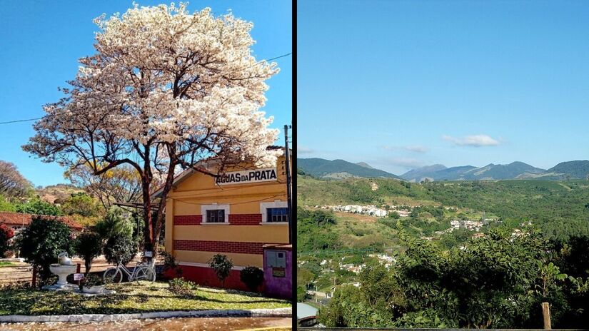 À esquerda, o prédio histórico da antiga estação ferroviária, símbolo do desenvolvimento local; à direita, vista da Serra da Mantiqueira, que molda a paisagem de Águas da Prata/ Prefeitura Municipal de Águas da Prata/Yon10/Wikimedia Commons
