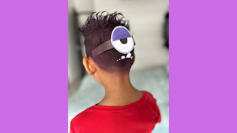 Com tinta roxa e recorte de papel, o penteado dá vida ao Minion roxo, um dos personagens mais divertidos do cinema direto para a cabeça/ Reprodução Pinterest/sarahygzz26