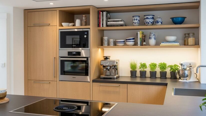 Os móveis verticais com prateleiras planejadas surgem como solução eficiente, permitindo armazenar os eletrodomésticos de forma prática e otimizada