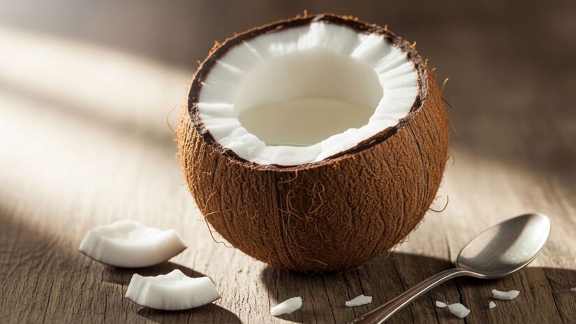 O óleo de coco contém triglicerídeos de cadeia média (TCM), que aceleram o metabolismo e aumentam o gasto calórico