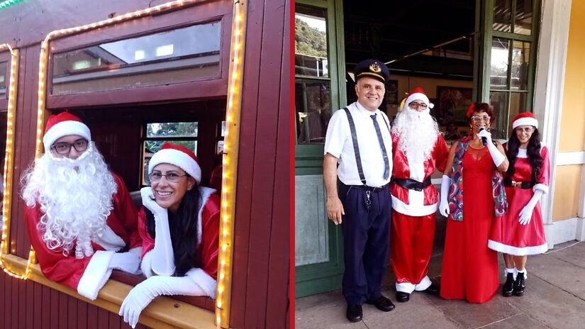 Papai e Mamãe Noel dão as boas-vindas aos passageiros na estação, espalhando o espírito natalino antes da partida/ Reprodução Facebook/Trem Caiçara