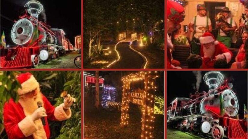 À noite, a locomotiva iluminada e a parada na Chácara Bonita completam o espetáculo de luzes e encantamento do Expresso ao Natal/ Divulgação/Passeios de Trem