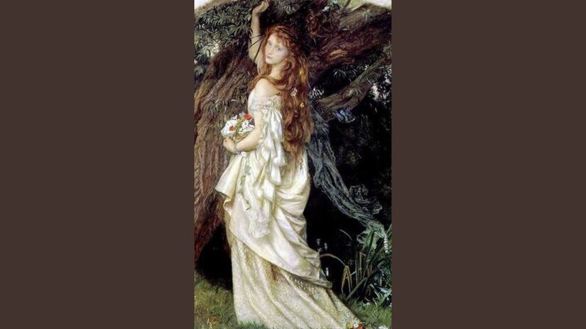 Ofélia aparece em um de seus últimos momentos, cercada por flores e prestes a ser engolida pelo riacho, numa cena que simboliza sua inocência e sua trágica entrega ao destino/ Arthur Hughes