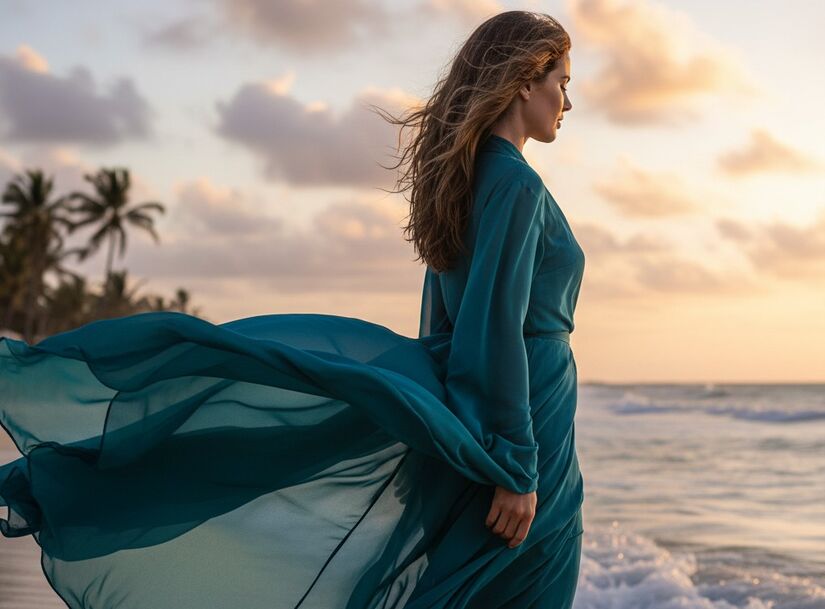 Mulher observa o mar com a cor tendência do verão 2026 - Imagem de IA/Gemini