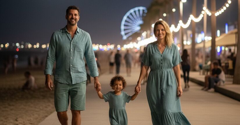 Família veste a tendência do verão 2026 enquanto faz caminhada noturna a beira-mar - Imagem de IA/Gemini