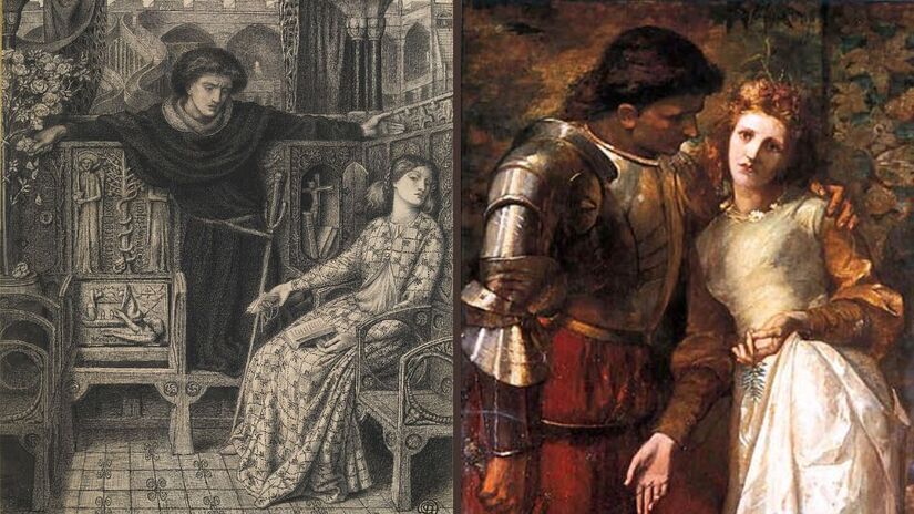 À esquerda, Hamlet e Ofélia: um romance destruído pela desconfiança e pelas intrigas da corte. À direita, Ofélia com Laertes: o irmão que a alerta sobre pureza e honra, mas também reforça os limites impostos à sua autonomia/ Dante Gabriel Rossetti/W. G. Wills