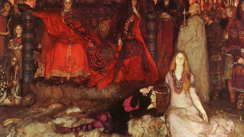 Cena de Hamlet na corte dinamarquesa, onde traições, vinganças e lutas pelo poder formam o pano de fundo da tragédia que também arrasta Ofélia/ Edwin Abbey