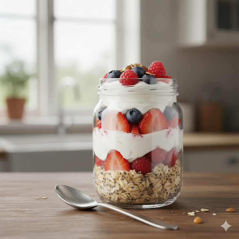 Há opções do cereal sem café, como as frutas com yogurte e aveia - IA/Gemini