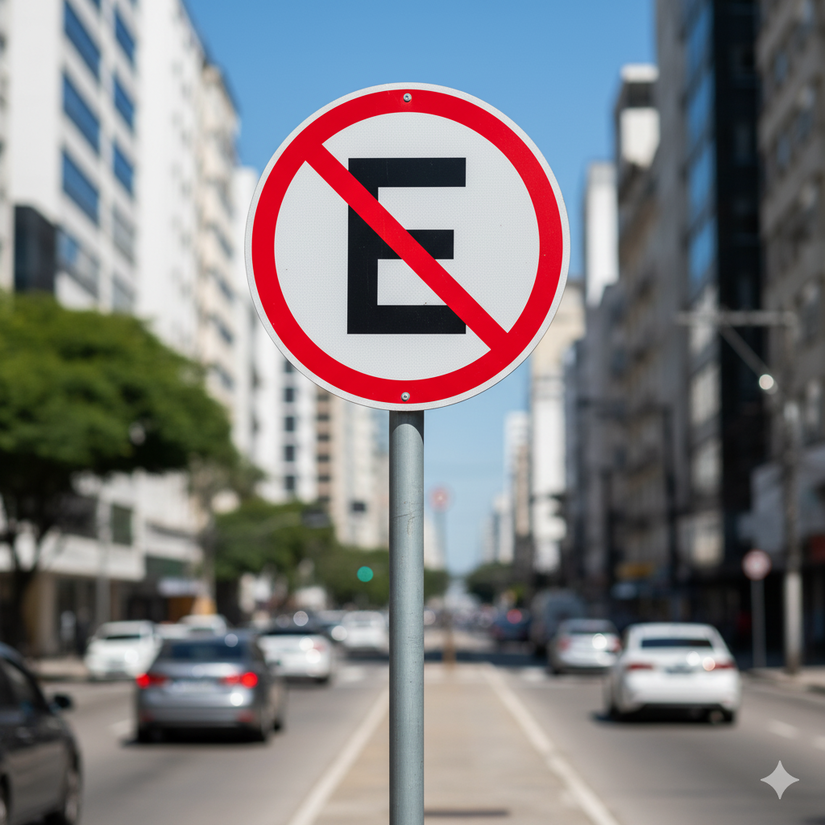 Letra "E" cortada apenas por uma faixa vermelha: pode parar APENAS para embarque e desembarque de segundos - Imagem gerada por IA/Gemini