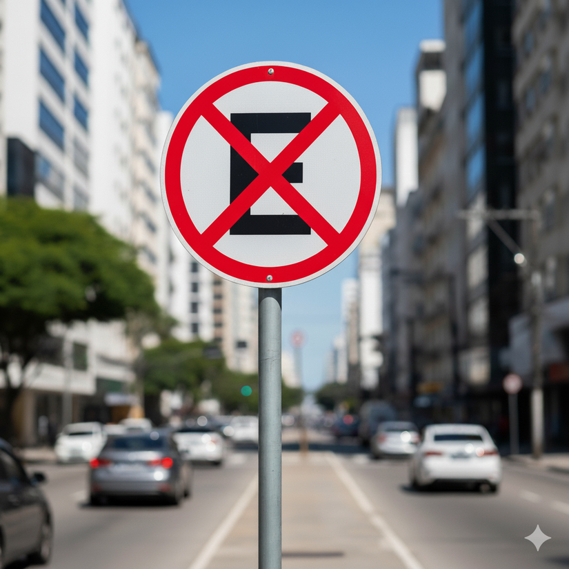 Letra "E" cortada por duas faixas vermelhas: não pode parar nem estacionar - Imagem gerada por IA/Gemini