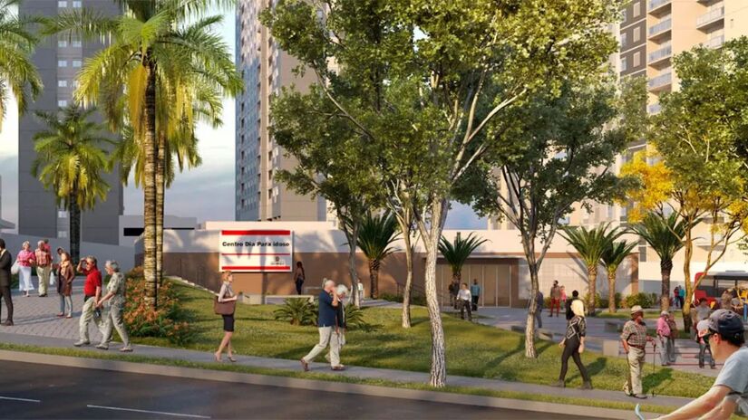 Parque linear em meio aos edifícios / Divulgação/Reserva Raposo
