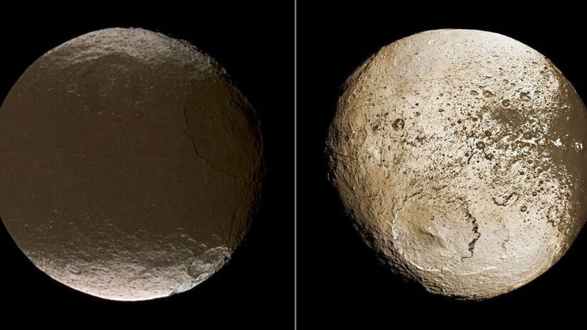 Lapetus: Conhecida como a "lua bicolor", Lapetus tem um hemisfério escuro como carvão e o outro brilhante, além de uma misteriosa crista equatorial - NASA