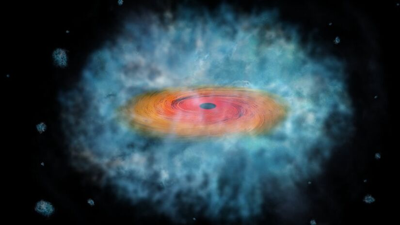 Ilustração artística representa a formação inicial de um buraco negro supermassivo, conhecido como semente cósmica / ESA/Hubble

