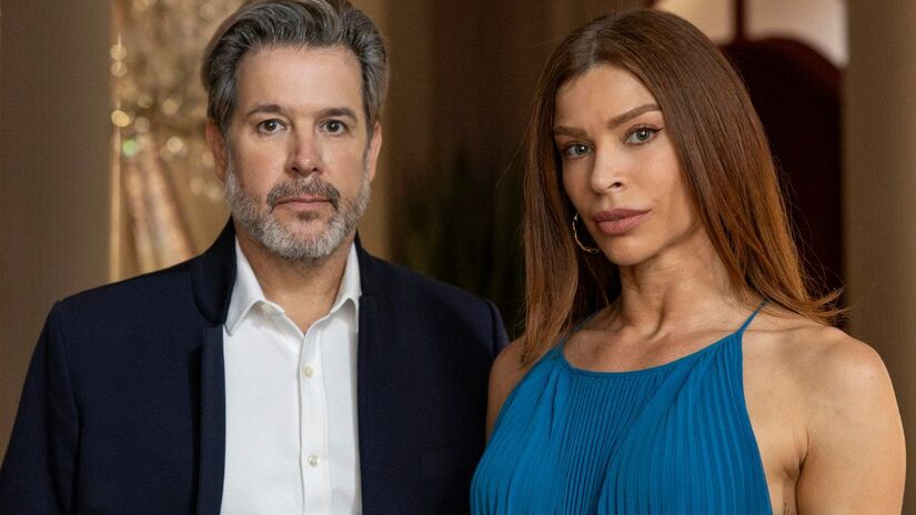 Ferette (Murilo Benício) e Arminda (Grazi Massafera) em 'Três Graças' / Reprodução/Globo
