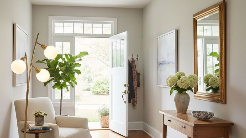 Detalhes dourados no hall de entrada ajudam a potencializar prosperidade e atrair boas energias logo no primeiro contato com o lar/ Gerado por IA/Gemini