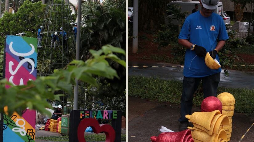 Elementos decorativos começam a ganhar forma enquanto as equipes ajustam a estrutura principal da árvore que será iluminada com tecnologia LED/ Francisco Arrais/Prefeitura de Santos