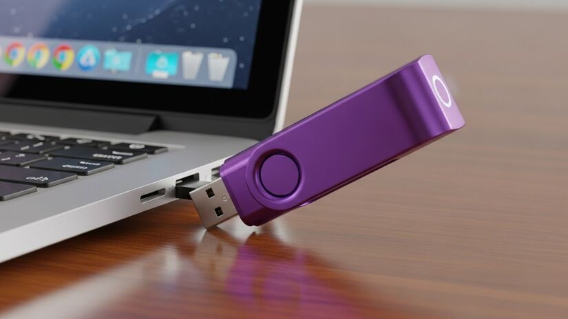 Compacto e versátil, o pendrive roxo é ideal para armazenar e transportar documentos com praticidade / ImageFX/Gerada por IA