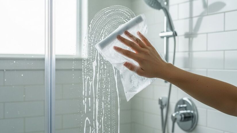 O uso de sacolas plásticas para higienizar o box do banheiro é eficiente porque o plástico, ao contrário de panos ou esponjas, não possui poros visíveis (ImageFX/Imagem gerada por IA)