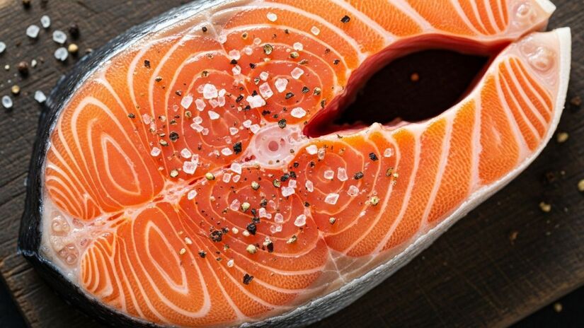 O salmão, muito consumido no Brasil, foi apontado por estudos espanhóis como um dos peixes com maior risco de contaminação por parasitas / Imagens geradas por IA/ImageFX