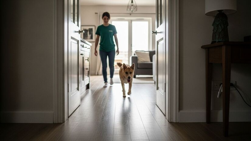 Muitos cães seguem seus tutores por toda a casa por instinto social e necessidade de companhia / Imagem gerada por IA/ImageFX