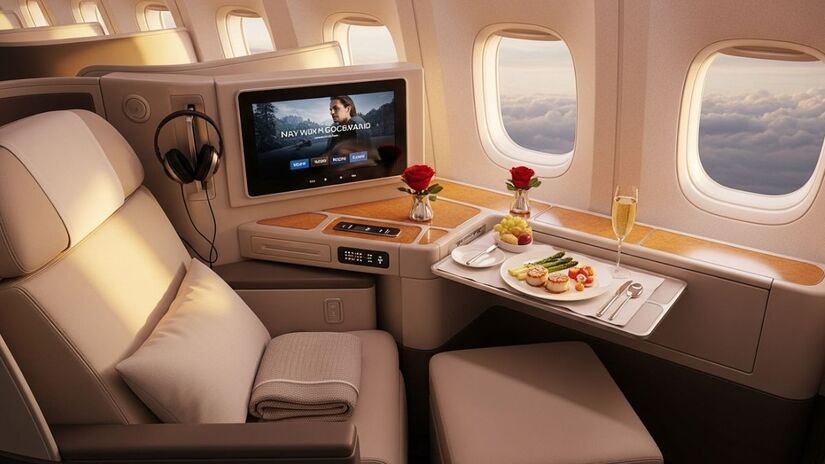 A Premium Economy oferece amplo espaço para pernas, apoios ajustáveis, fones com cancelamento de ruído e Wi-Fi durante todo o percurso